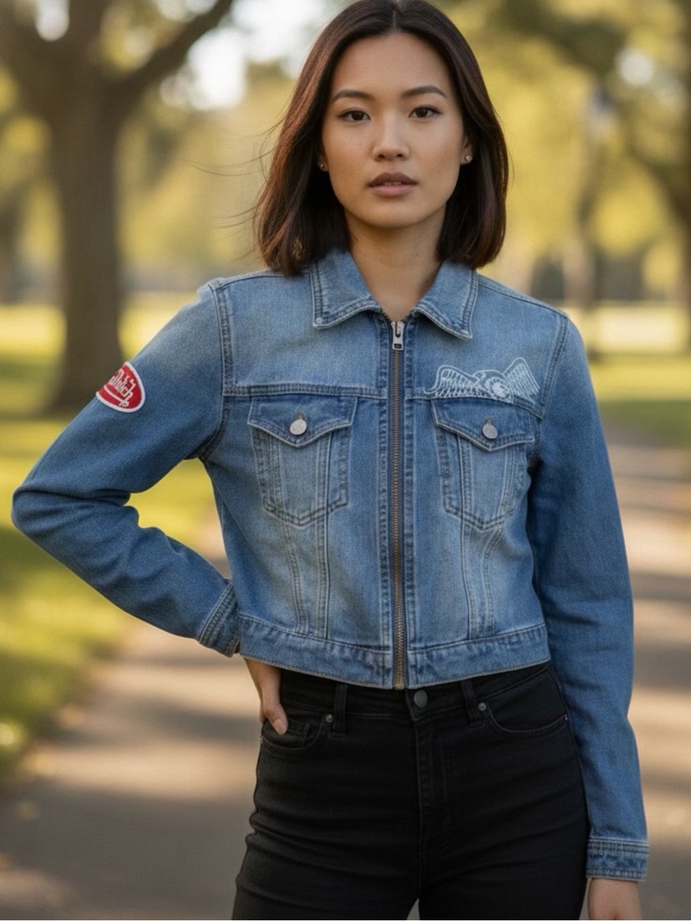 Von Dutch Light Blue Cropped Denim Zip Jacket with Patch Detail Sz S